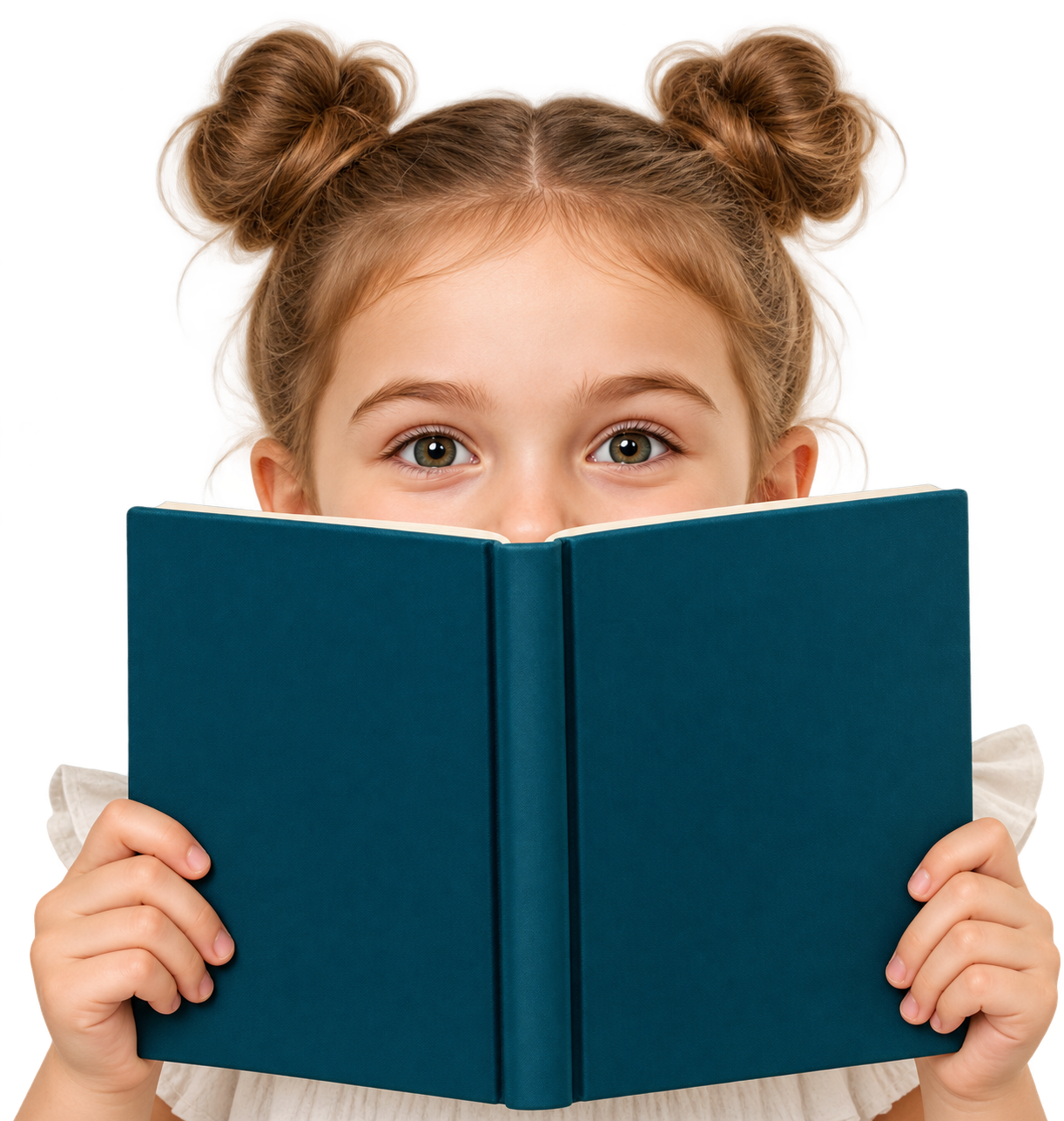 A curious young reader peeking over a teal book.