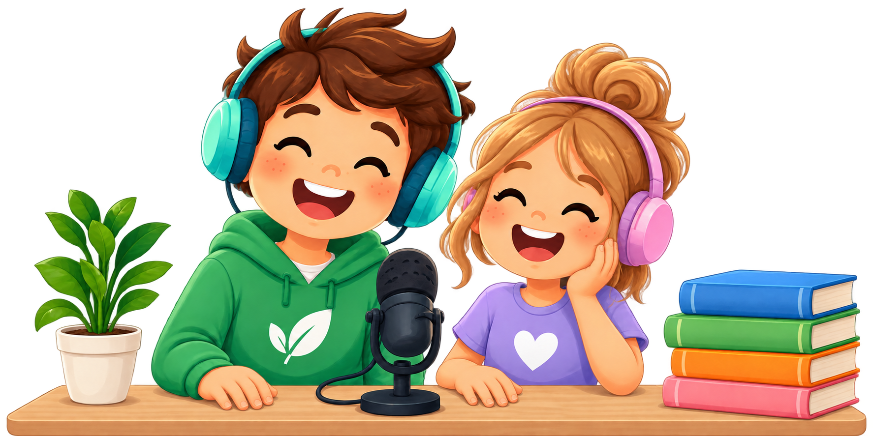 Two smiling children wearing headphones, sharing a microphone and a little health adventure.